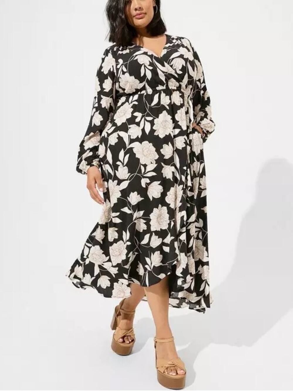 Torrid Black Floral Midi Washable Crinkle Gauze Ruffle Surplice Dress 2X NWT